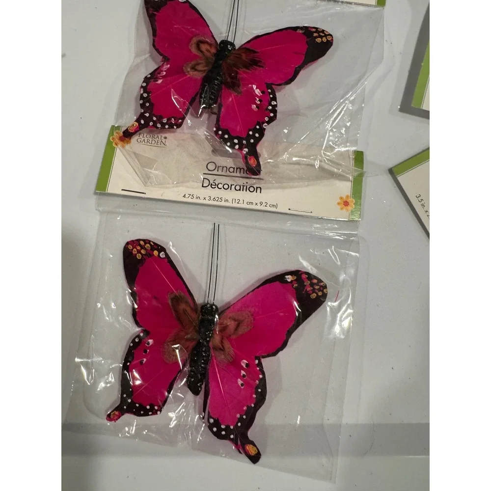 Floral Garden Butterfly Ornaments Pink Red Feather Picks Set of 9 NEW